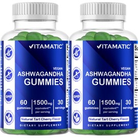 Vitamatic 2 Pack Ashwagandha Gummies 1500 mg Equivalent Per Serving (from 30:1 Extract 50 mg) - 60 Vegan Gummies - 3% Withanolides