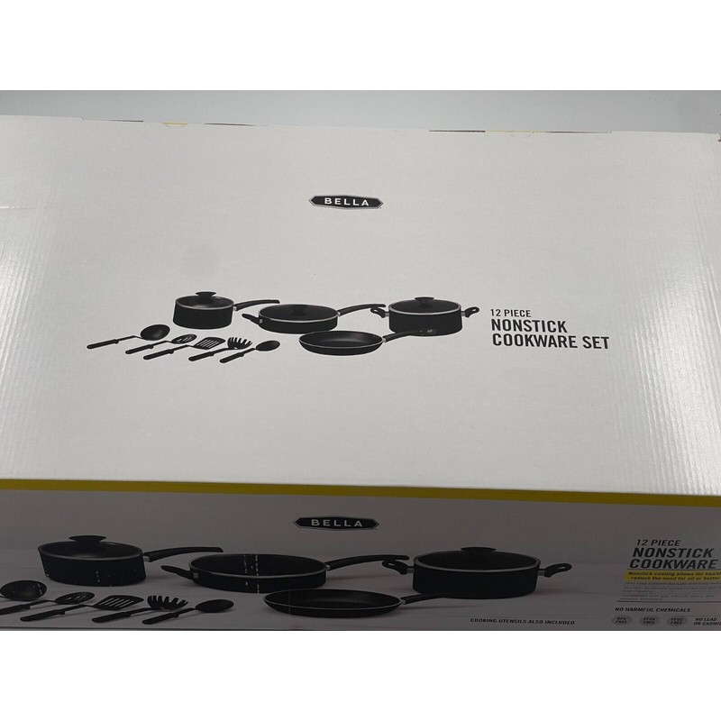 BELLA 12 Piece Nonstick Kitchen Essentials Cookware Set black New