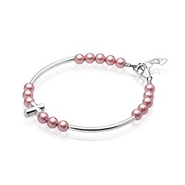 Luxury Child Banglet Bracelet with Silver Cross and Dark Pink Pearls (BD26_S)
