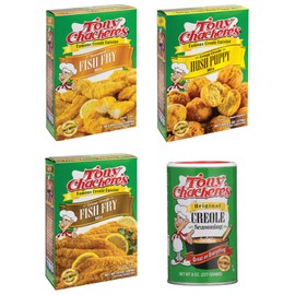 Tony Chachere's 4 Pack Bundle - Fish Fry, Crispy Fish Fry, Hush Puppy Mix, and 8 Ounce Original Seasoning