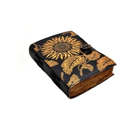 vintage sunflower leather journal Writing notebook embossed beautiful daily use book of shadows blank yellow with black unlined travel sketchbook with lock diary gift for women 7x5 inch