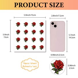 CREATCABIN 128Pcs 8 Sheets Red Roses Stickers Small Flower Sticker Self-Adhesive Plastic Waterproof Plant Decals Decor Plant Stickers for DIY Scrapbooking Envelope Journaling Helmet Crafts 0.98Inch