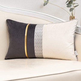 Yangest Dark Grey Patchwork Velvet Lumbar Pillow Cover with Gold Striped Leather Cushion Case Modern Luxury Pillowcase for Sofa Couch Bedroom Living Room Home Decor,12"x20"