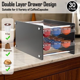 LUGUNU Acrylic 2 Tier Coffee Pod Drawer Holder - 30 Pods Storage Organizer with Tea Cup Storage Top,Office,Coffee Station Accessories, Home