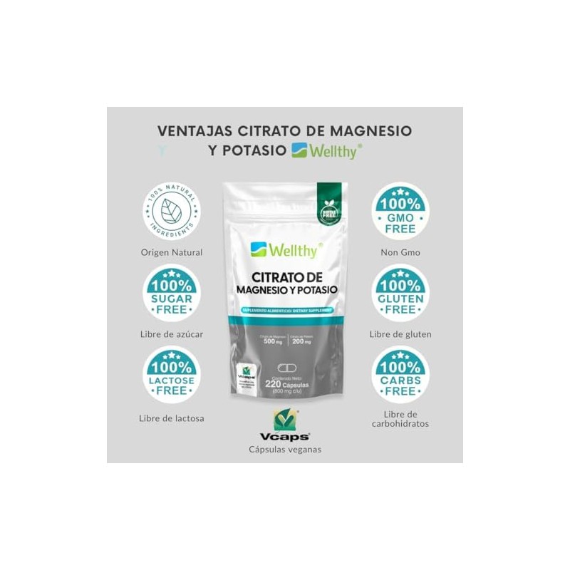 Wellthy Citrato de Magnesio y Potasio 220 Cápsulas. Tomar Sólo