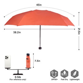 RUMBRELLA 43in Mini Travel Umbrella, UV Pocket Umbrella, Portable Compact Folding Umbrella, Small Light-Weight Waterproof Brolly, Rain and Sun Umbrellas （Coral Orange）