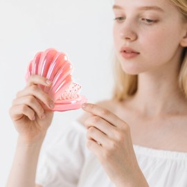 Iridescent Shell Folding Hair Brush with Mirror, Compact Travel Size Mermaid Hair Brush for Purse, Portable Brush Mini Pocket Mirror Massage Comb for Women, Pink