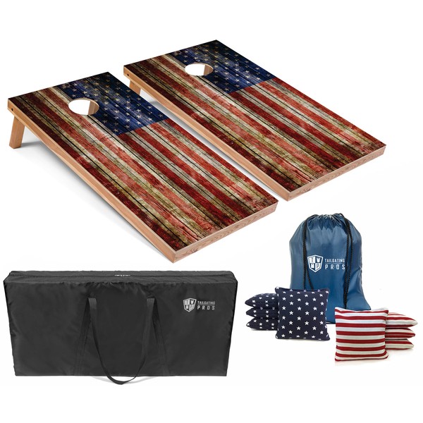 Tailgating Pros American Flag Wooden Plank Design Cornhole Board Set w/ Bean Bags and Carrying Case - 4'x2' Corn Hole Toss Game - Optional LED Lights