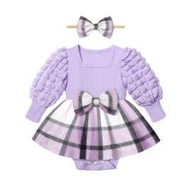 Baby Girl Outfits 3-6 Months Girl Clothes Baby Girl Dress Puff Sleeve Purple Plaid Dress Baby Dress Baby Girl Dresses Baby Girl Fall Outfits Winter Clothes Infant Girl Clothes