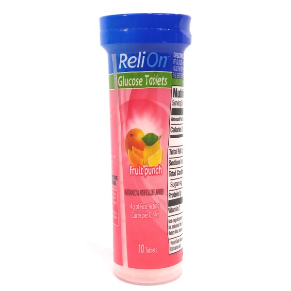 ReliOn Glucose Fruit Punch, 10 Tablets, On-The-Go Tube.