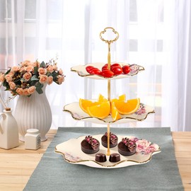 fanquare 3-Tier Floral Royal Cupcake Stand, Vintage Fruit Plate with Gold Trim, Dessert Stand for Birthday, Wedding, Tea Party