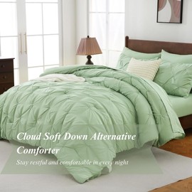 Queen Comforter Set, 7-Piece Bed in a Bag, Pintuck Bedding Sets for All Season, Includes Comforter, Flat Sheet, Fitted Sheet, Pillowcases and Pillowshams, Olive Green