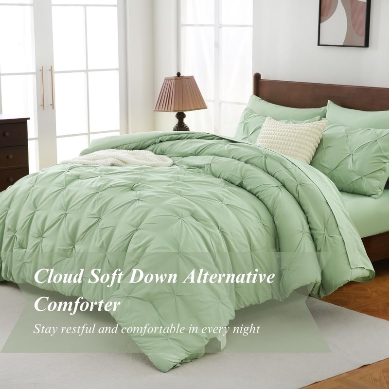Queen Comforter Set, 7-Piece Bed in a Bag, Pintuck Bedding