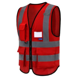 Red high vis vest high viz Class 2 hi vis Zipper Front High Visibility vest Hi Vis Executive Vest Waistcoat with Phone & ID Pockets