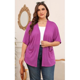 Womens Magenta Short Sleeve Kimono Cardigans V Neck Open Front Lightweight Summer Cardigan Casual Loose Beach Cover Up Curved Hem with Pockets 2025,L