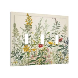 Yamxbfa Decorative Light Switch Cover Rustic Beige Wildflower Green Plants Yellow Floral 3 Gang Oversized Triple Toggle Wall Plate Jumbo Electrical Face Plate for Home Decor
