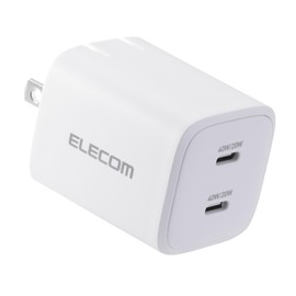 Elecom EC-AC10640WH Charger, 40 W, 2 Ports, Type-C USB, PD, Supports PPS, GaN II, Foldable Plug, White