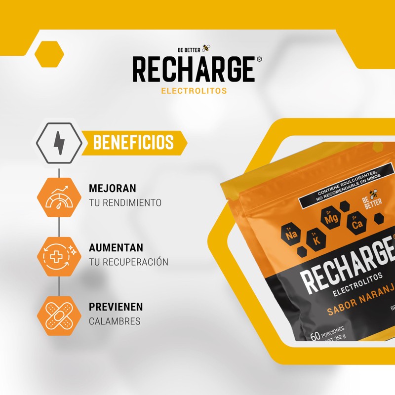 Be Better RECHARGE, Electrolitos En Polvo 60 Porciones, Sabor Naranja,