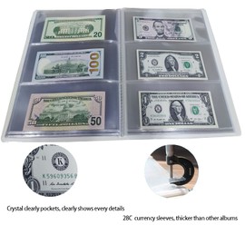 Currency Paper Money Collection Book, 3-Pocket Banknote Organizer, Single Side View Dollar Bill Holders for Collectors, Crystal Clear Sleeves to Storage 60 World Cash, Thicker SleevesNote Book (Blue)