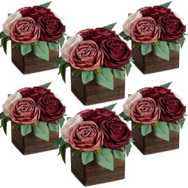 DIYDOFUN Dining Table Centerpiece Set of 6 - Pre-Made Aritifial Rose with Wooden Vase Fake Floral Arrangment Faux Flower for Wedding Bridal Tea Party Event Decorations - Burgundy & Dusty Pink