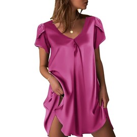Ekouaer Women's Satin Nightgown Short Sleeve Sleepdress V-Neck Sleepwear Loose Silk Sleepshirt(Rose Red,XL)