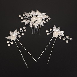 Teyglen 3Pcs Leaf Bride Wedding Hair Comb and Gold Leaf Pearl Hair Pins Comb Floral Flower Headpiece Wedding Hair Accessories Jewelry for Women (Silver)