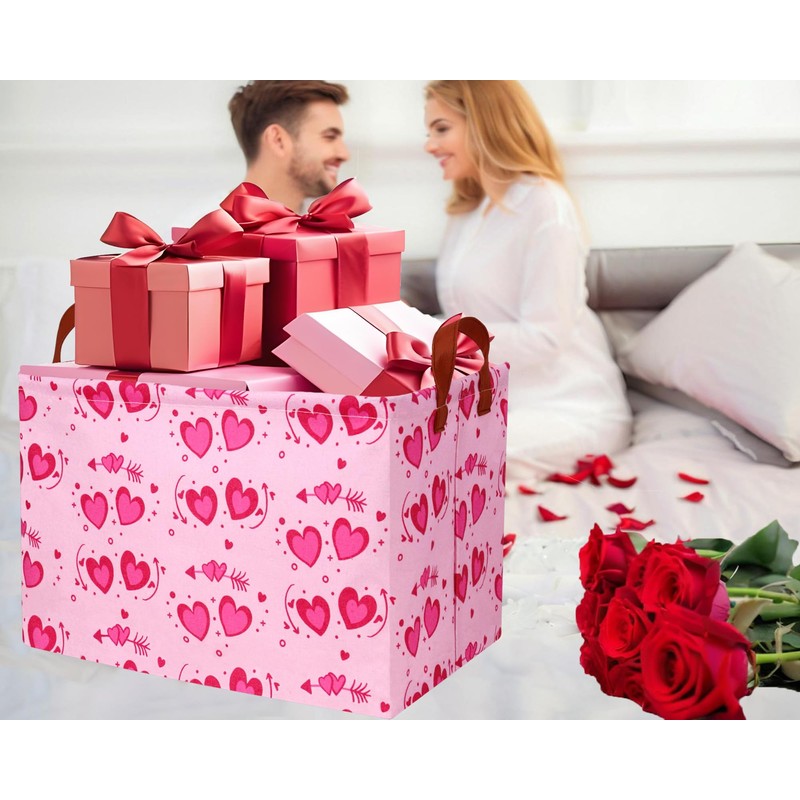 BOOHIT Pink Valentines Day Basket Large Foldable Heart Shaped Storage