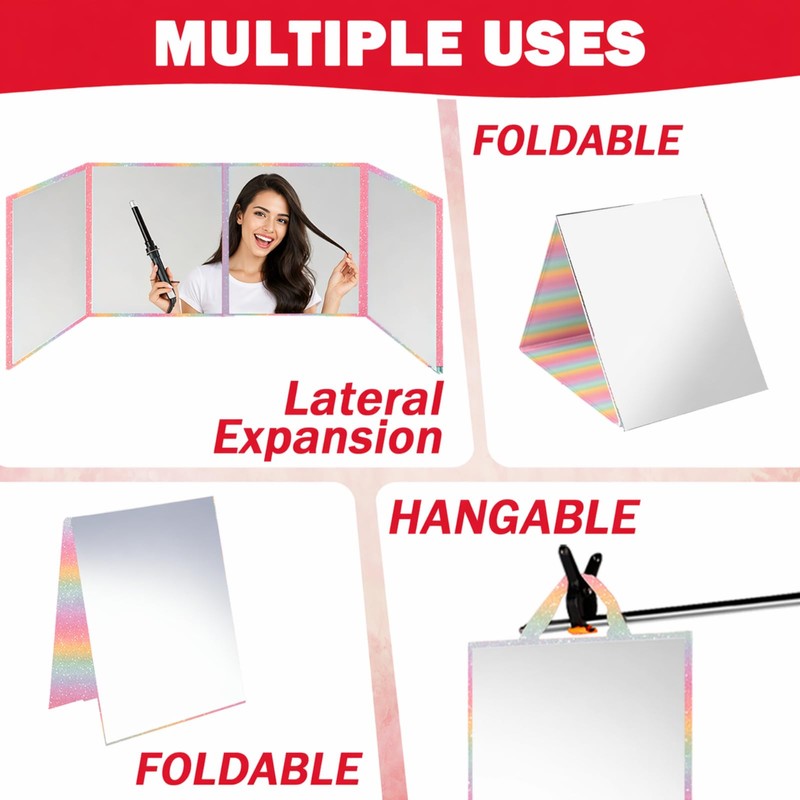 MEPIG Foldable Acrylic Full Length Mirror with Handle, Colorful, Four-Fold