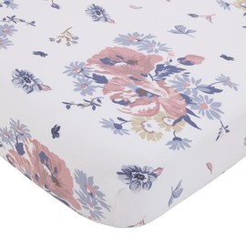 NoJo Farmhouse Chic Tossed Floral White, Pink, and Periwinkle 100% Cotton Fitted Crib Sheet
