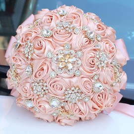 Ramo de Boda Nupcial de 7.5" Rosa Melocotón Redondo con Broche Brillante Ramo para Lanzar Rosas Artificiales Ramillete de Flores para Novia Dama de Honor Boda Quinceañera