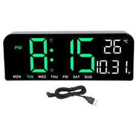 Digital Alarm Clock Large LED Display Desk Wall Clock with Temperature Date Week Display Adjustable Brightness 12 24H Display for Home Bedroom Office Green