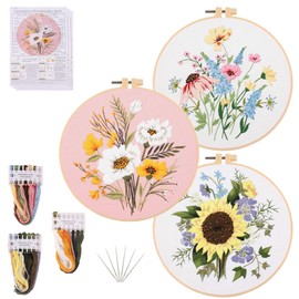 Winmany 3 Pack Flower Embroidery Kits for Adults and Beginners Cross Stitch Kit with Instructions, Nitrogen, Hoops, Threads Starter Craft Kit for Handmade Lovers