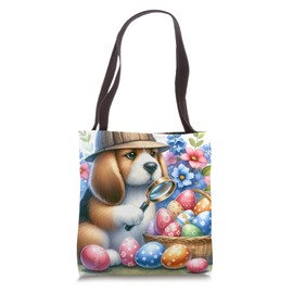 Dog Examines Festive Eggs. Detective Hat Magnifying Glass Tote Bag