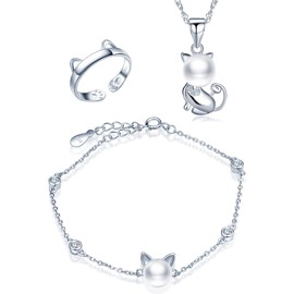 CPSLOVE Women's girl's Pearl Necklace Bracelet and Ring, 925 sterling silver pearl jewelry set, Cute cat pearl necklace pendant, Inlaid zircon, Cute cat pearl bracelet, mini cat ring, silver