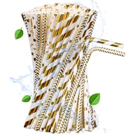 dhaikkkd 100 Pcs Bendy Straws Paper Rose Gold Straws 19.7CM×0.6 Disposable Paper Art Straws Drinking (Golden Straw)