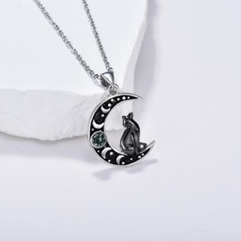 QHQPQ Black Cat Necklace for Women 925 Sterling Silver Moon Phase Necklace Moss Agate Pendant Witch Jewellery Mothers Day Gifts for Cat Lovers