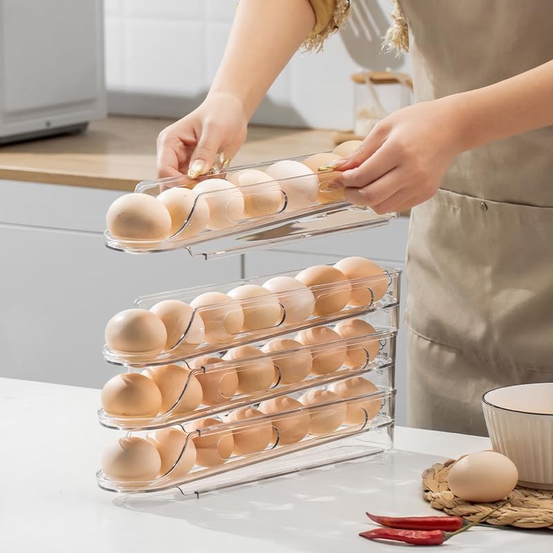 LECINAL Egg Holder for Fridge,Stackable 1-4 Tiers Container,Auto Rolling Fridge