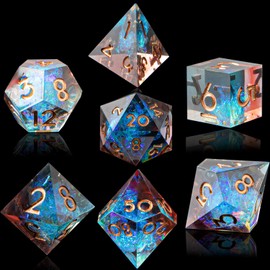 YEMEKO DND Dice Set, Sharp Edge Resin Dice Set with Dice Case, Handmade 7 Accessories Polyhedral Dice for Role Playing Game Dungeons and Dragons, D&D Dice (Blue Brown)