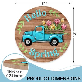 Deroro Hello Spring Blue Truck Sign for Front Door Decor, Tulip Flowers Pickup Wood Door Hanger for Outdoor Outside Porch, Rustic Farmhouse Wooden Wreath Indoor Wall Hanging Decoration