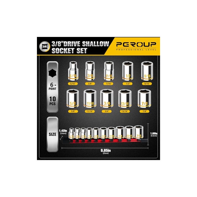 10 PCS 3/8-Inch Drive Shallow Socket Set, Standard SAE, 5/16"-