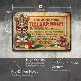 YOYI Funny Metal Tiki Bar Decor Tin Sign - Tiki Bar Rules, Vintage Patio Signs for Outside, Outdoor, Tiki Bar, Pool, Beach Hawaii Theme Room Decor Wall Art, 12 x 8 inch