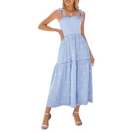ABYOVRT Women Floral Embroidered Maxi Dress Sleeveless Tie Shoulder Smocked Flowy Dress Boho Summer Sundresses with Pockets (Light Blue,S)