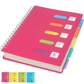 Spiral Notebook with Dividers, A5 Project Notebook Spiral Bound 240 Lined Page with Color Tab Pink Plastic Cover College Ruled Wirebound Journal Notepad for Office Work School Subject Gifts-21x15cm