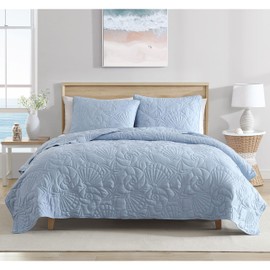 CARIBBEAN JOE Full/Queen Outlined Shell 3-Piece Quilt Set, Coastal Beach Design Bedding, Blue