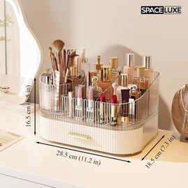 SpaceLuxe Makeup Organizer with Drawers and 360° Rotating Brush Holder, Large Capacity Cosmetic Storage for Vanity, Skincare, Perfume, Hair Accessories, Lipstick & Jewelry (Cream White, 2-layer)
