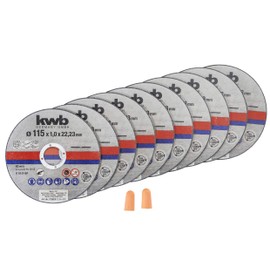 kwb 712021 Thin Cutting Discs for Angle Grinder 115 mm Flex Disc for Stainless Steel Inox in Storage Box Includes Earplugs ABM 115 x 1.0 x 22.23