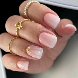 24pcs French Press on Nails Short Square Pink White Gradient Fake Nails with Charms Designs Glossy Glue on Nails Cute Pink False Nails Full Cover Artificial Nails for Women Girl Nail Decoration