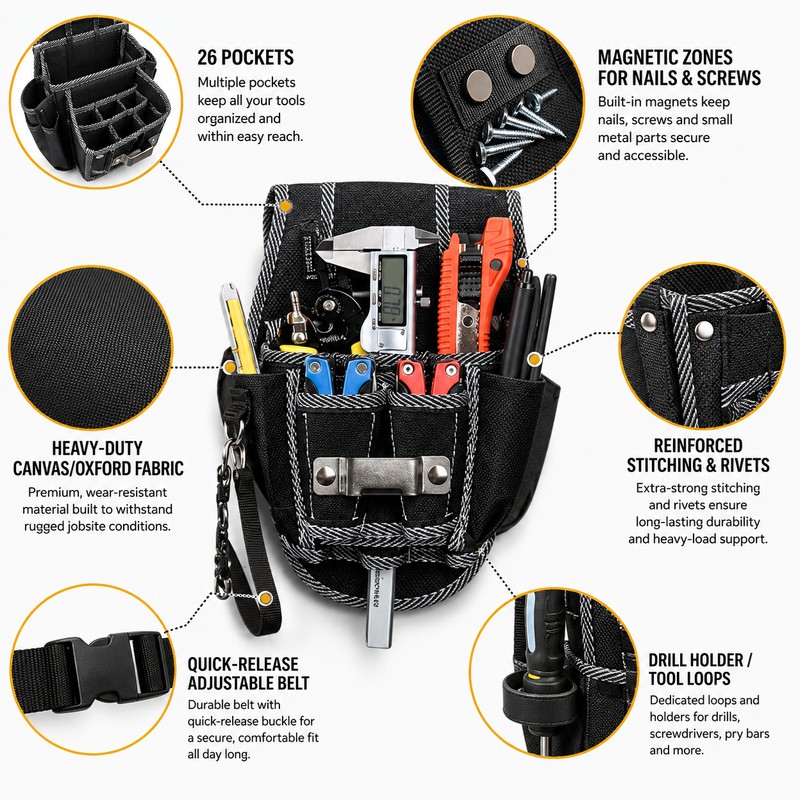 Magnetic Tool Belt Pouch for Home Improvement – 26-Pocket Adjustable