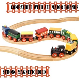 Gift Boutique Wooden Train Cars 9 Piece Collection of Magnetic Trains and Wood Engine and Vehicles Compatible with All Major Brands, A Deluxe Railway Set for Kids