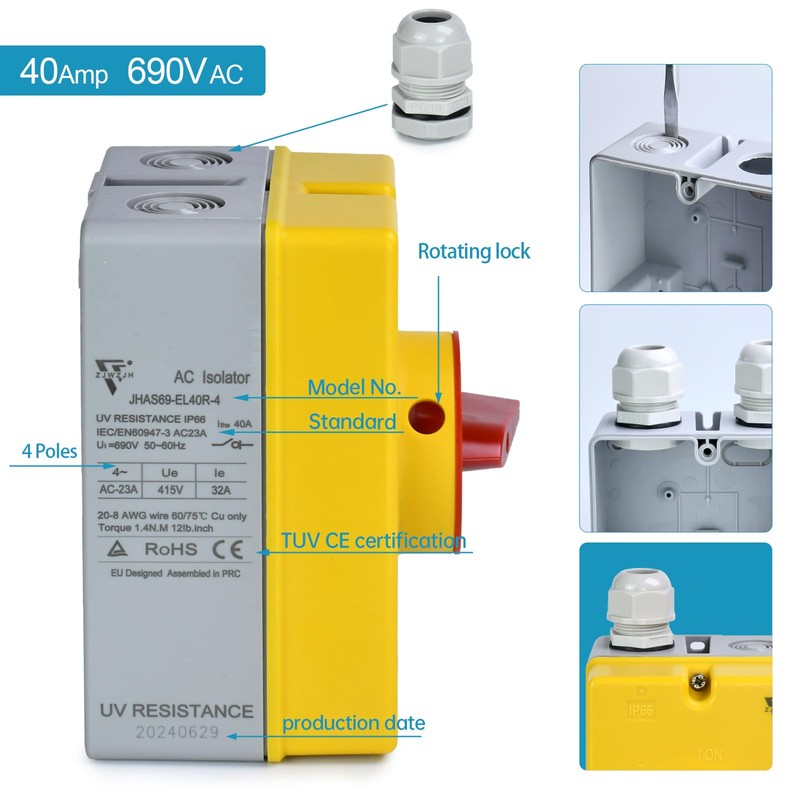 40Amp AC Isolator Solar Switch, 2 Positions IP66 Waterproof 690V